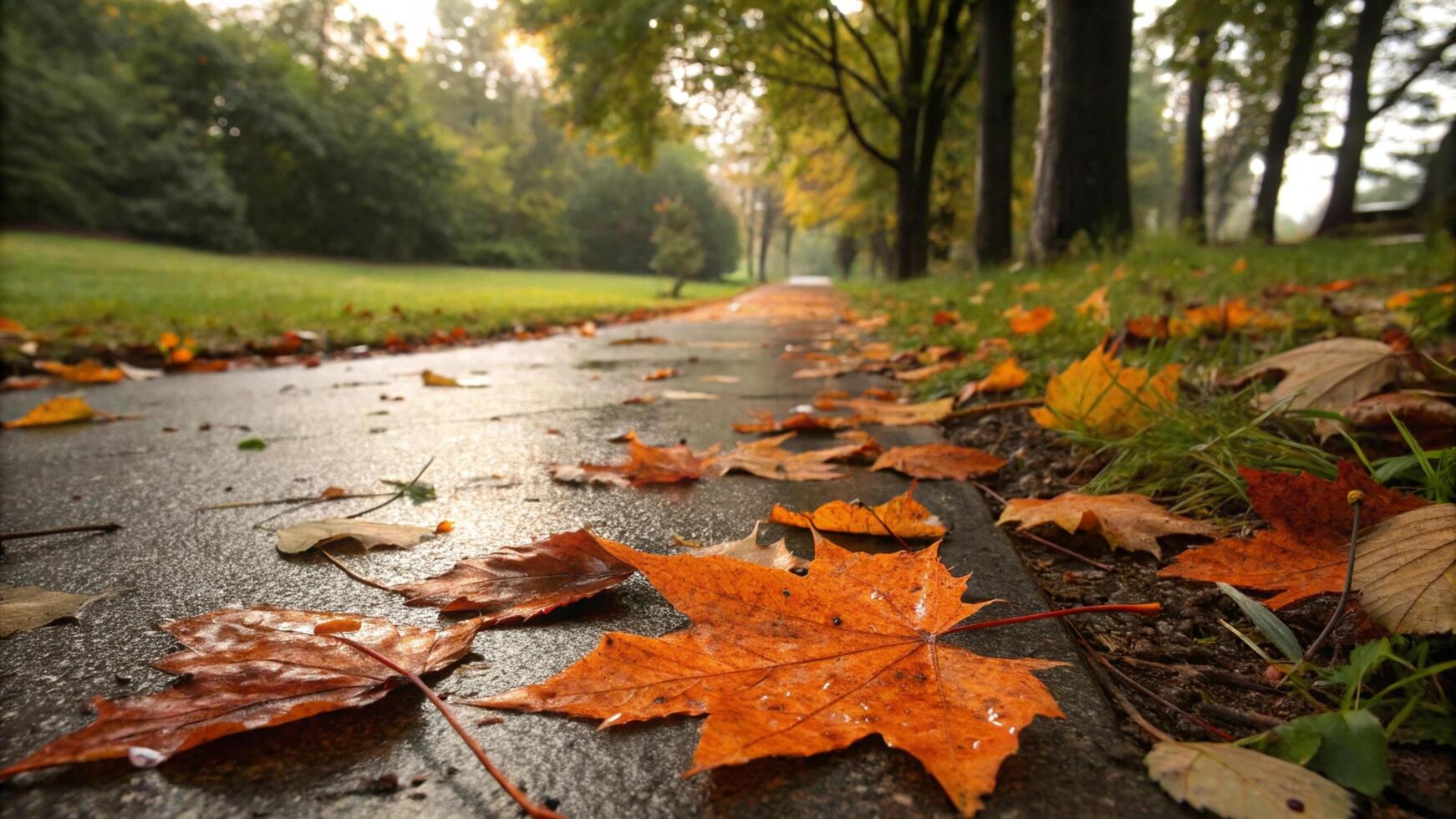 Autumn leaves on the ground in a park photo