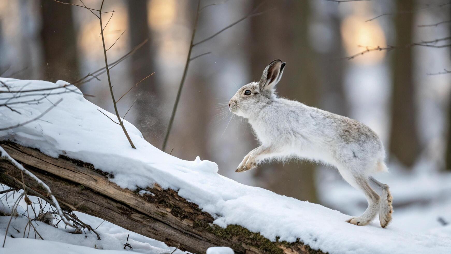 A white rabbit running across a snowy forest photo