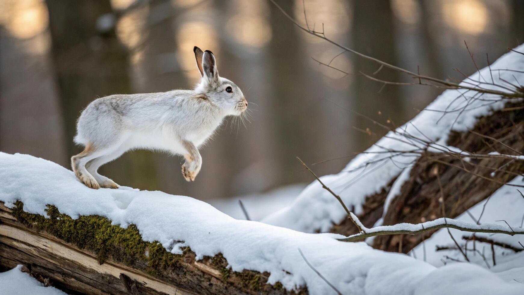 A rabbit jumping over a log in the snow photo