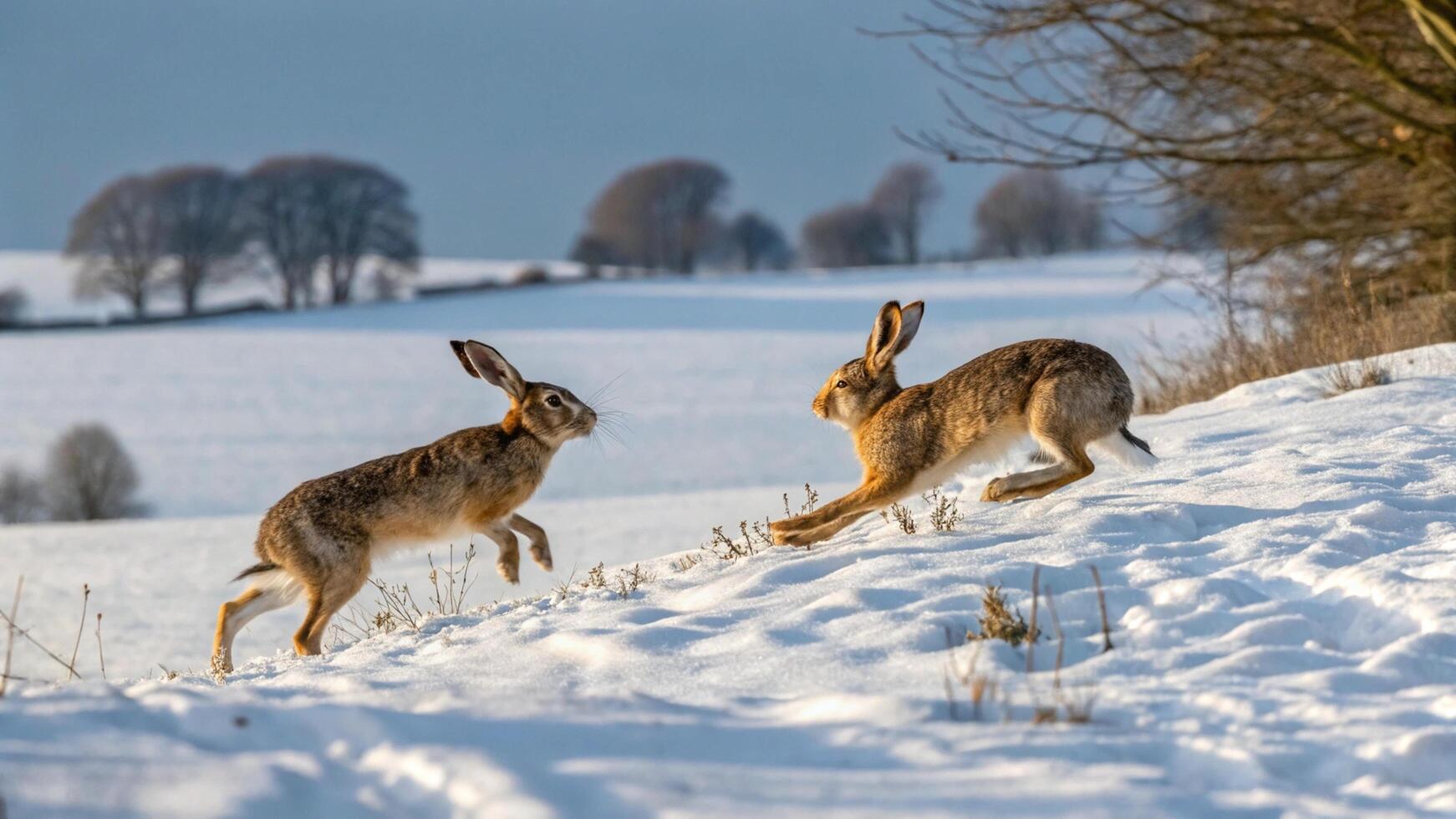 Two hares running across a snowy field photo