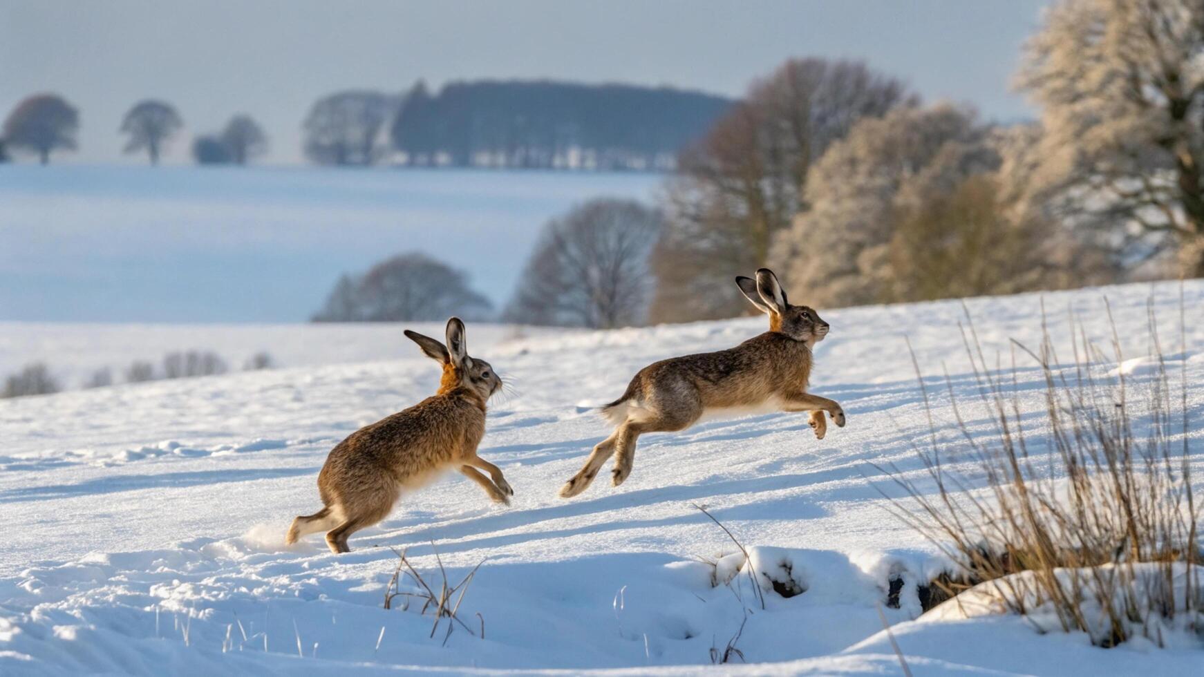 Two hares running across a snowy field photo