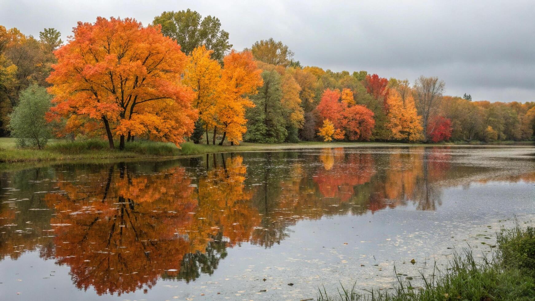 Autumn trees are reflected in the water of a lake photo