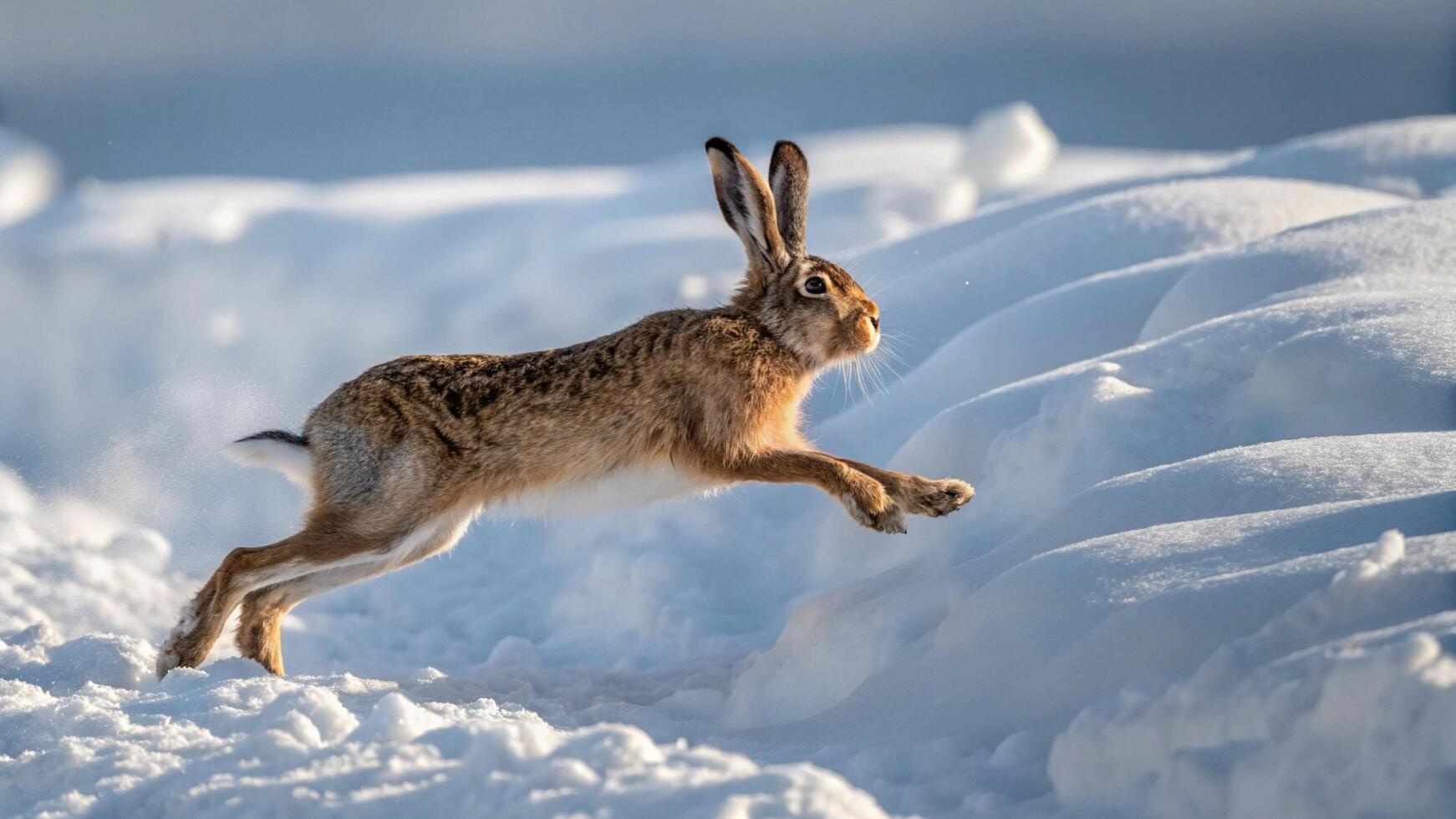 A hare running across the snow photo
