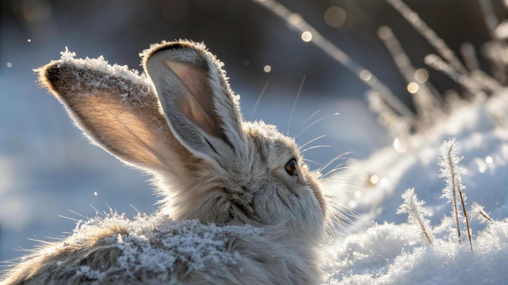 A rabbit is sitting in the snow photo