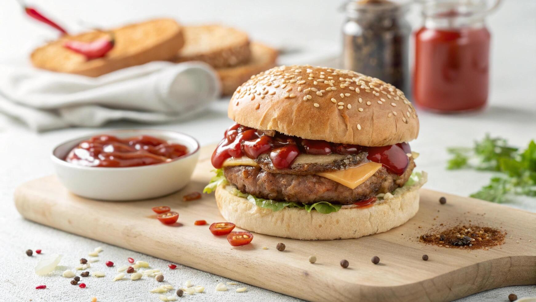 A hamburger with ketchup and mustard on a cutting board photo