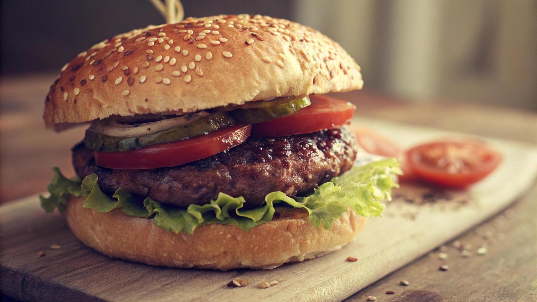 A hamburger with tomatoes and lettuce on a wooden cutting board photo