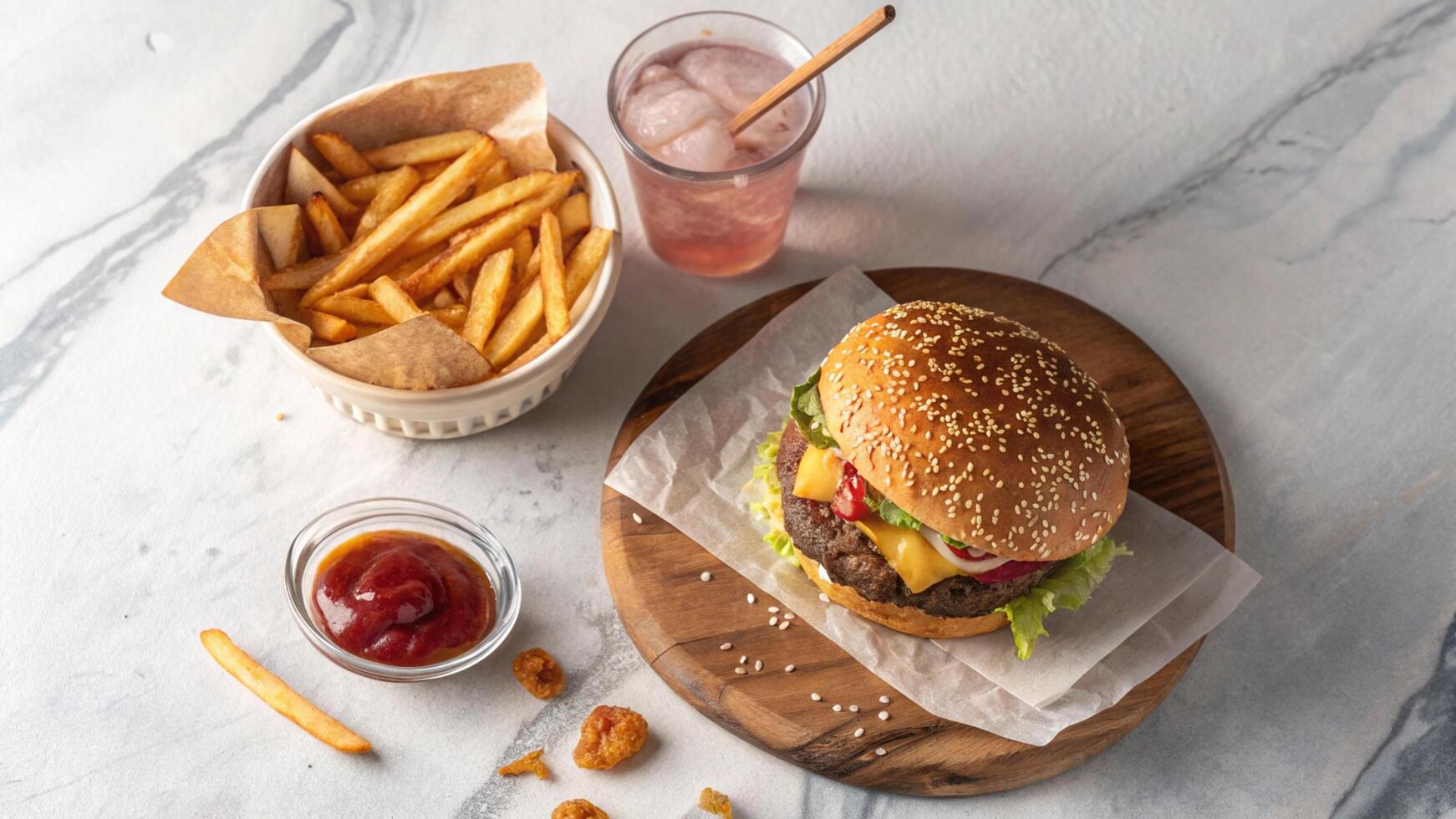 A hamburger and fries on a wooden board photo