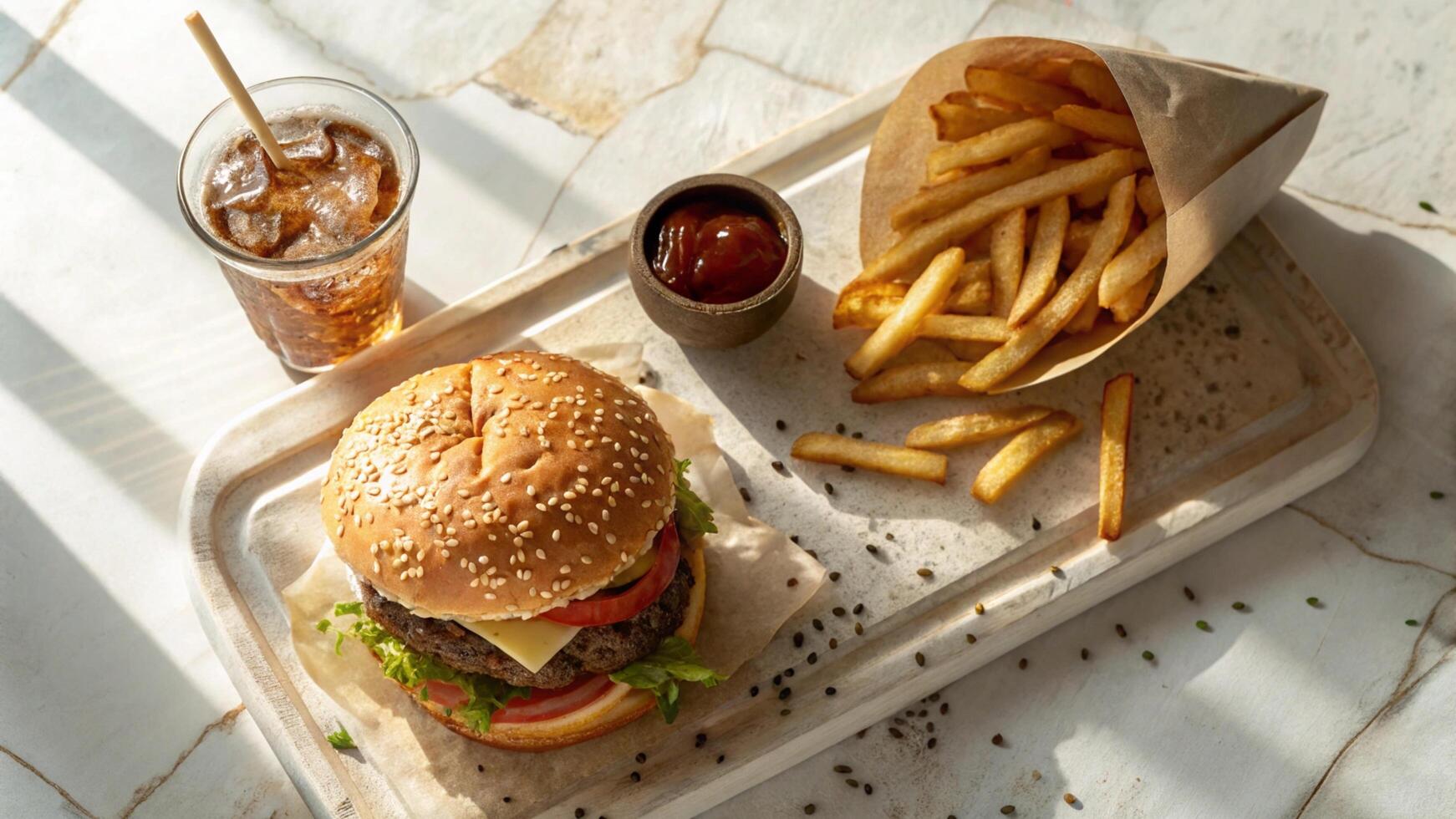 A hamburger and french fries on a tray photo