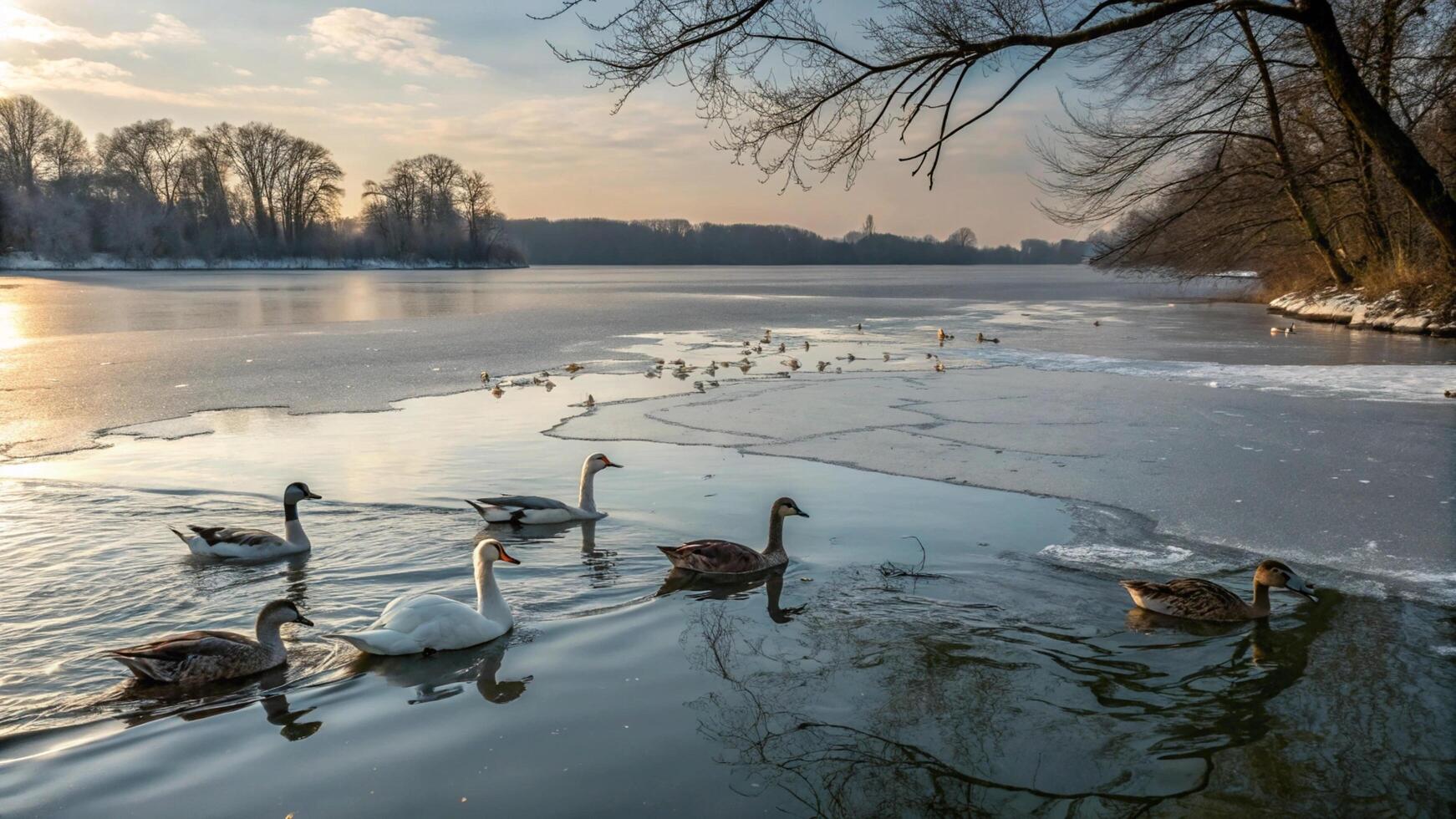 Swans and ducks swimming in the frozen lake photo