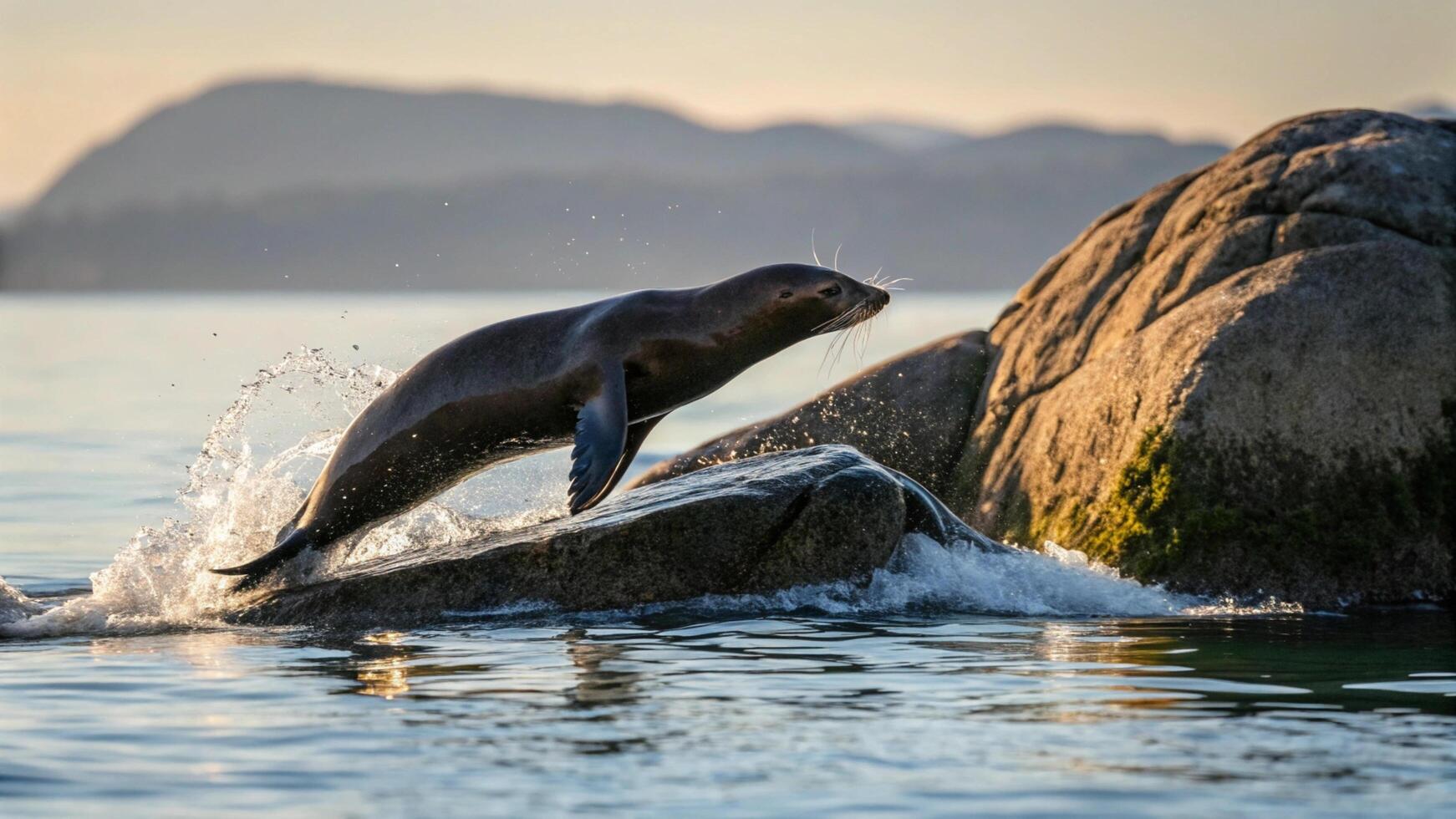 Sea lion jumping off rock photo