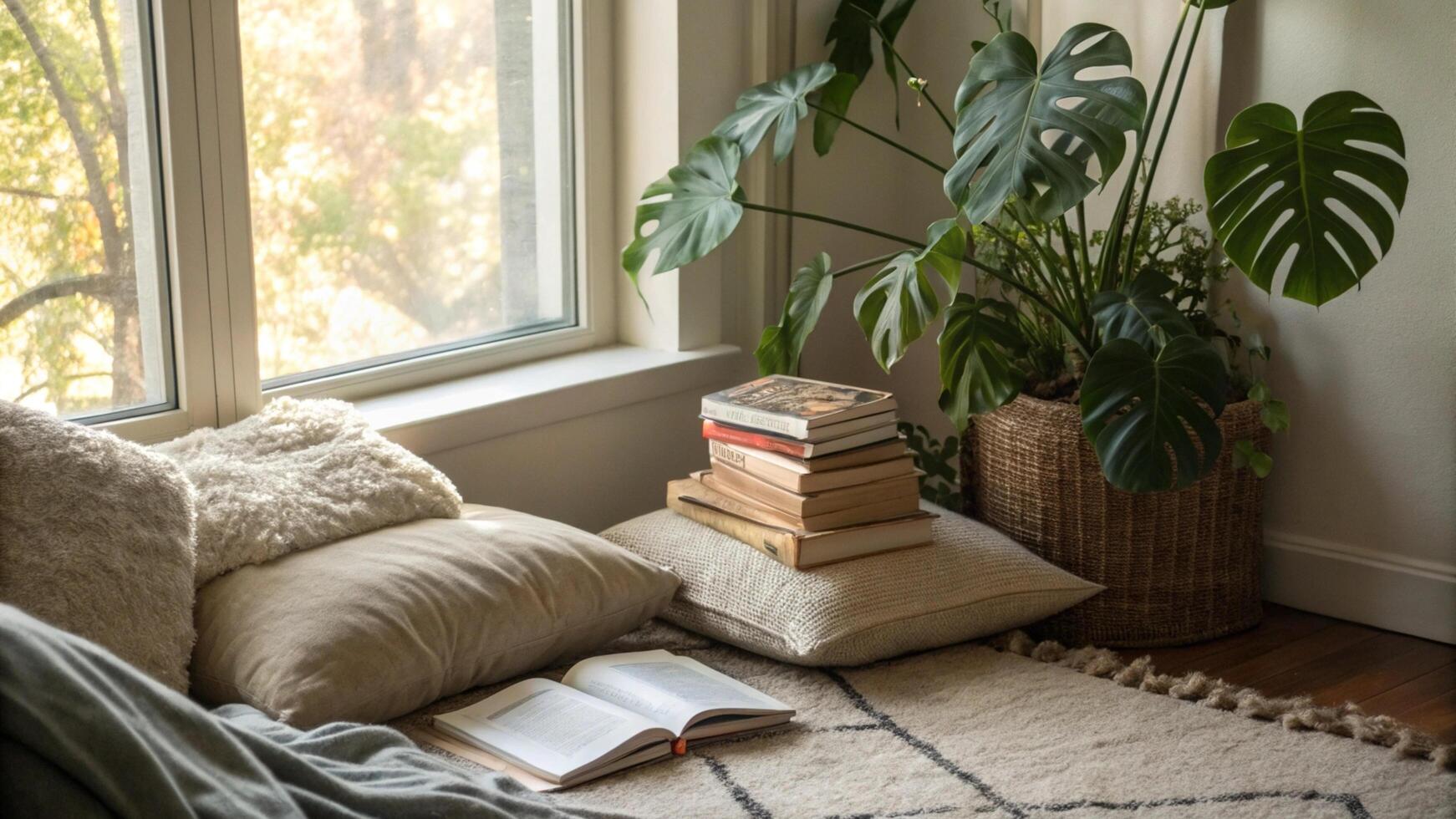 A room with a window, books, and a plant photo