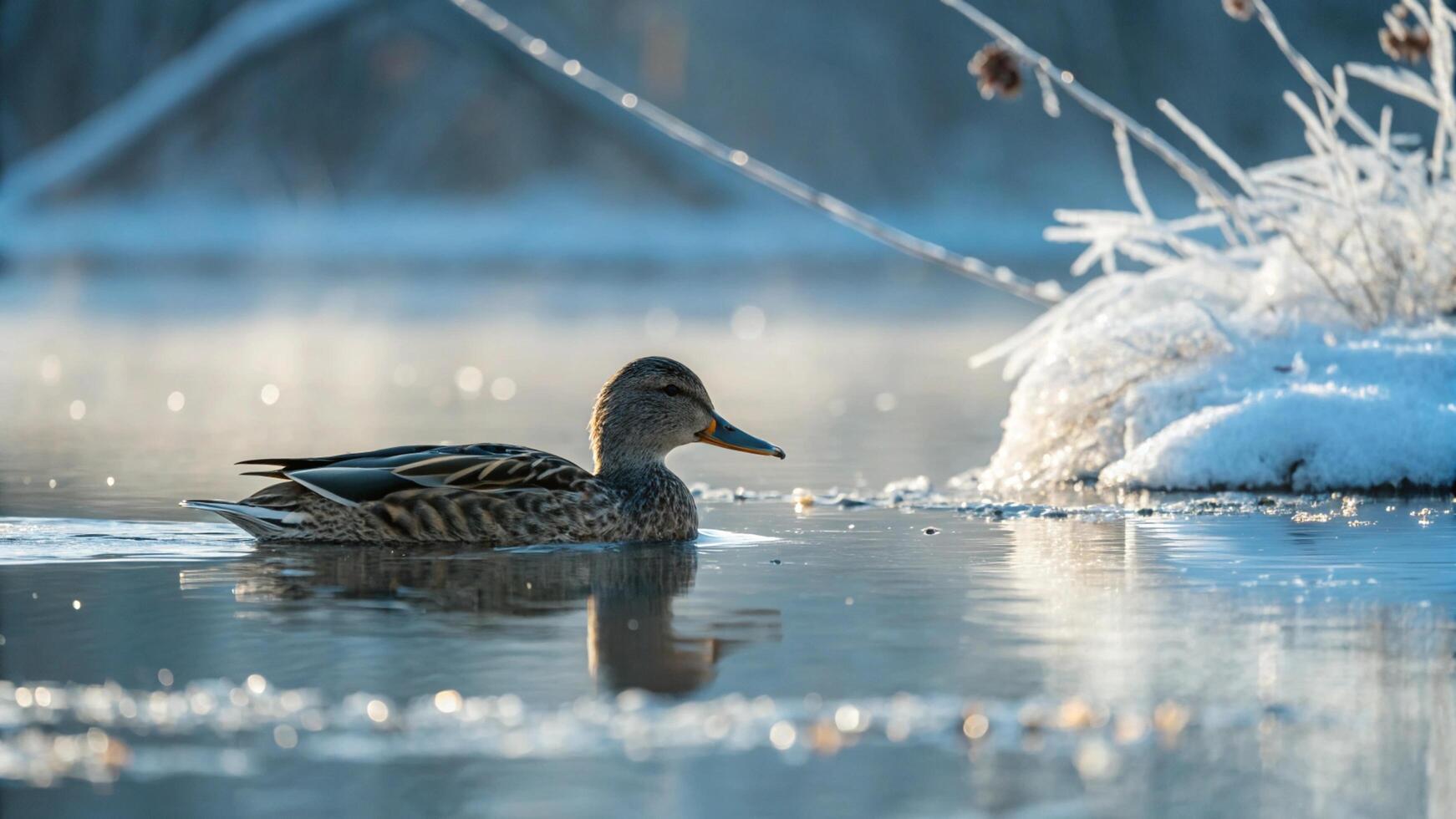 A duck swimming in the water with ice on the ground photo