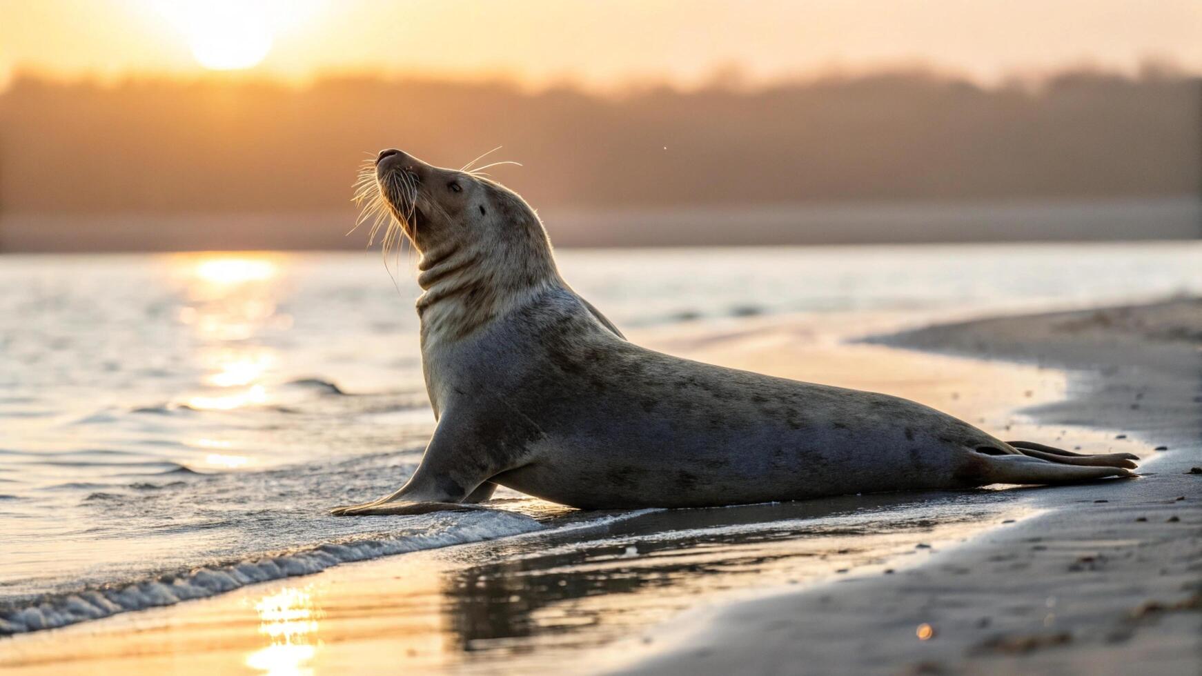 A seal is standing on the beach at sunset photo