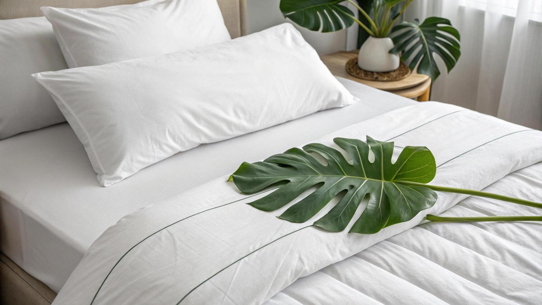 A bed with white sheets and pillows photo