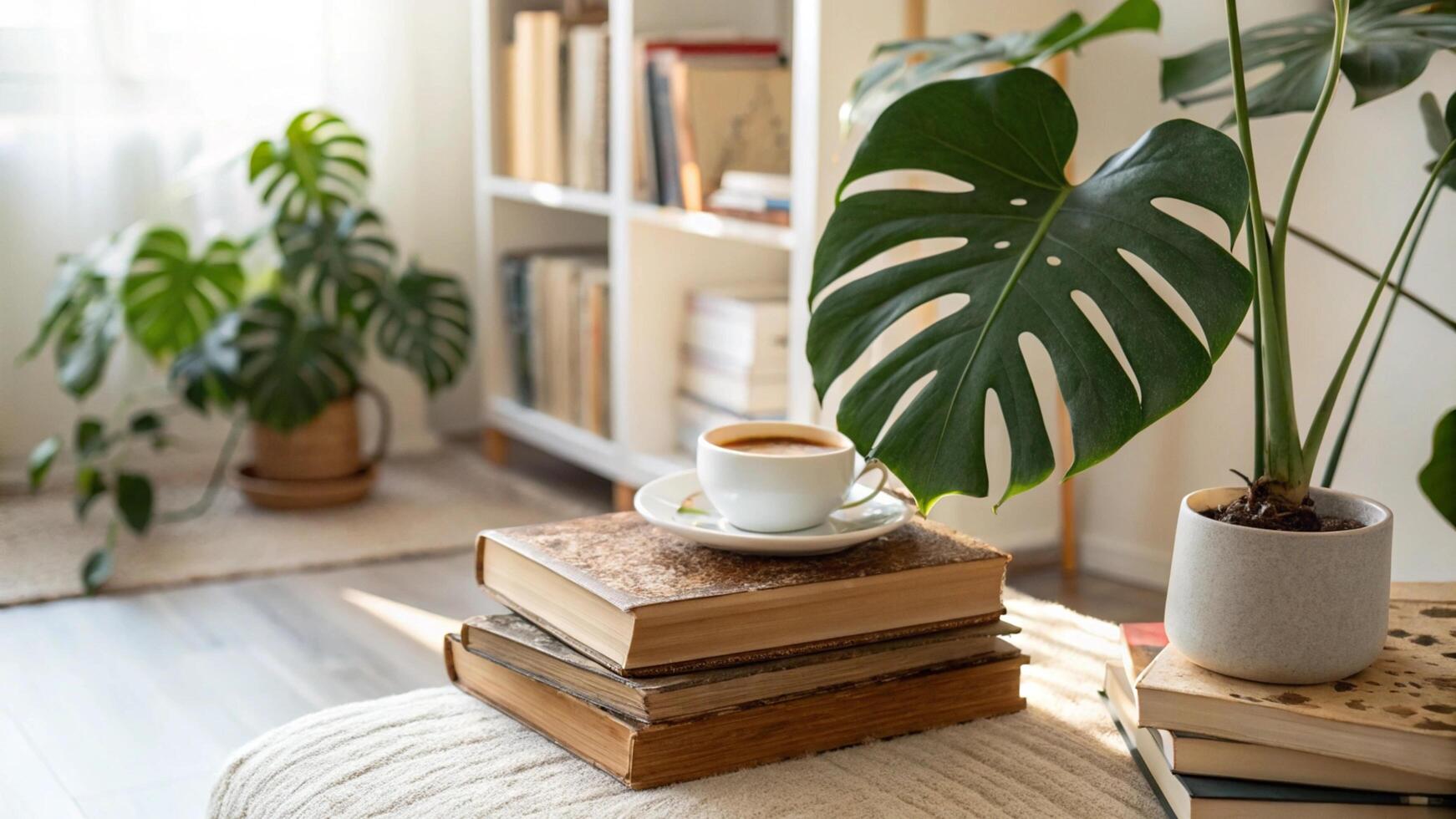 Coffee and books on a wooden stool in a living room photo