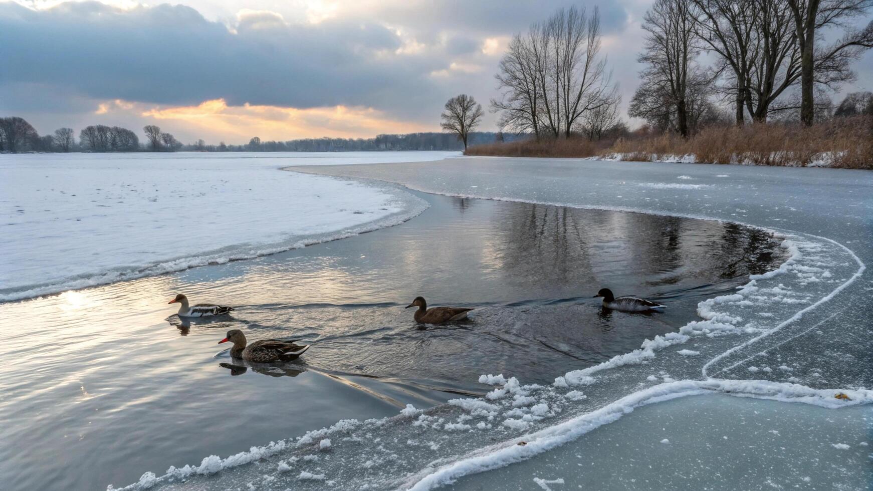 Four ducks swimming in an icy lake photo