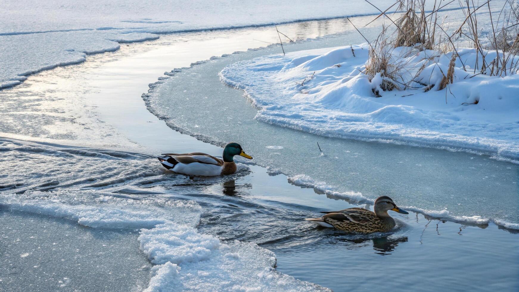 Two ducks swimming in a frozen river photo