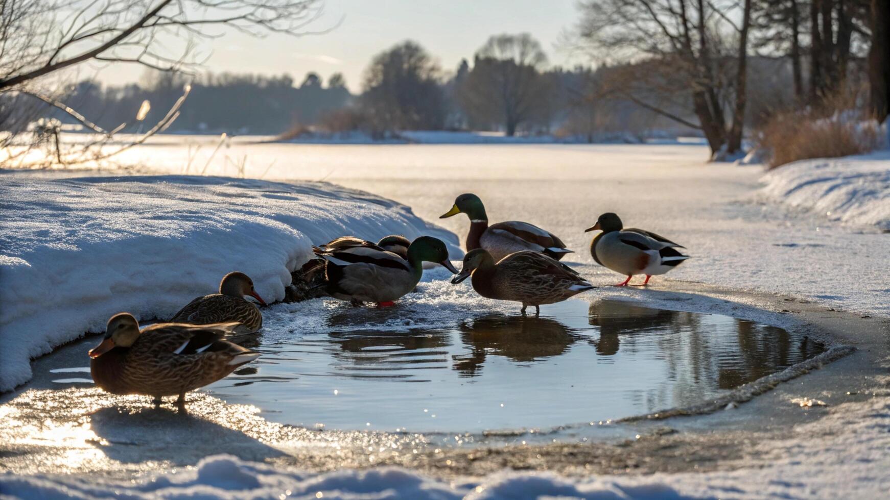 A group of ducks drinking water from a puddle in the snow photo