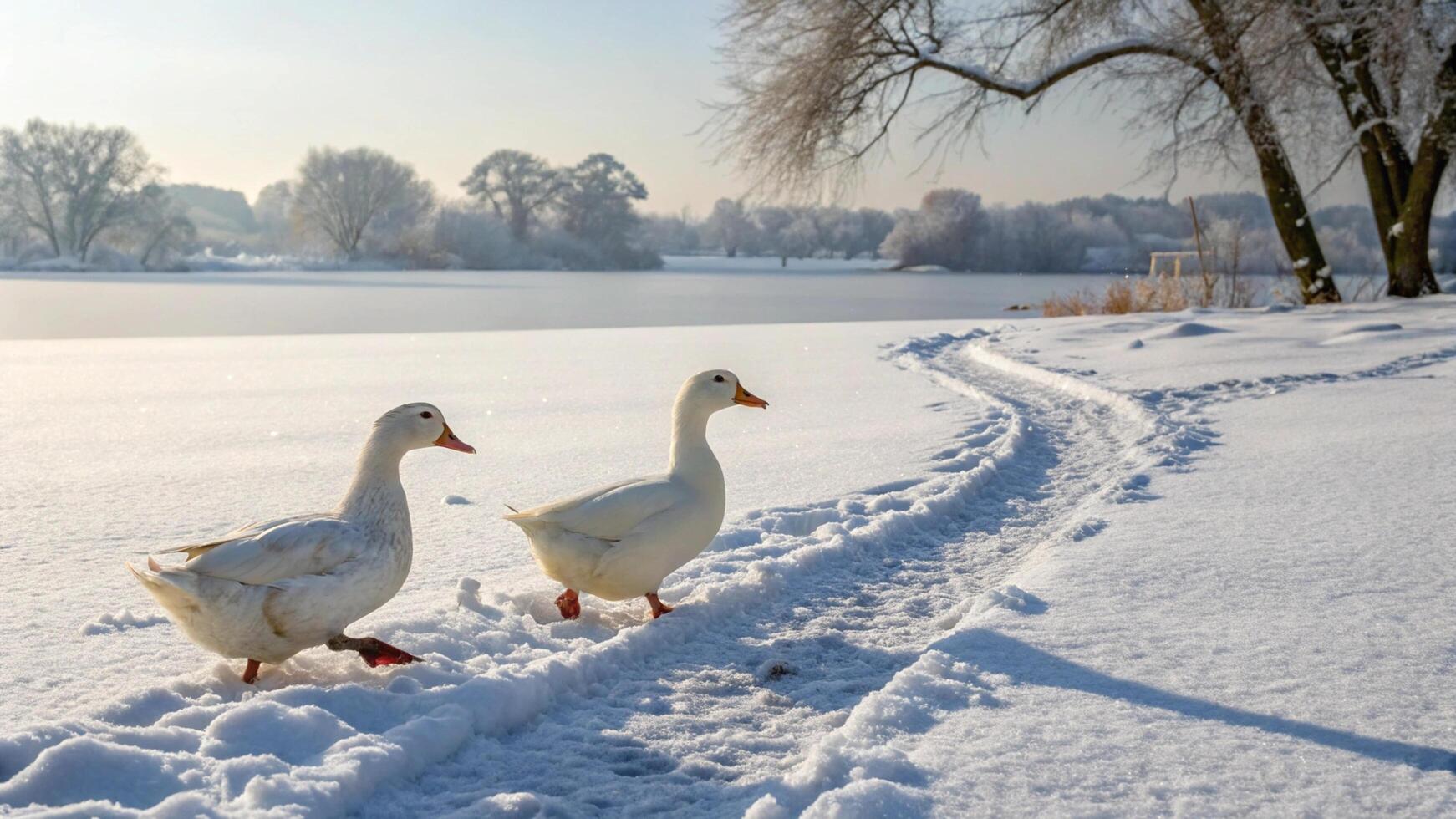 Two ducks walking in the snow near a lake photo