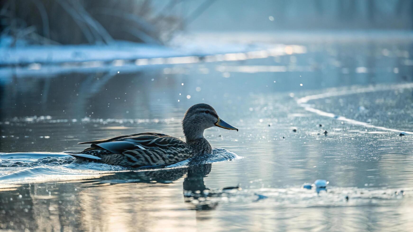 A duck swimming on a frozen lake in the winter photo