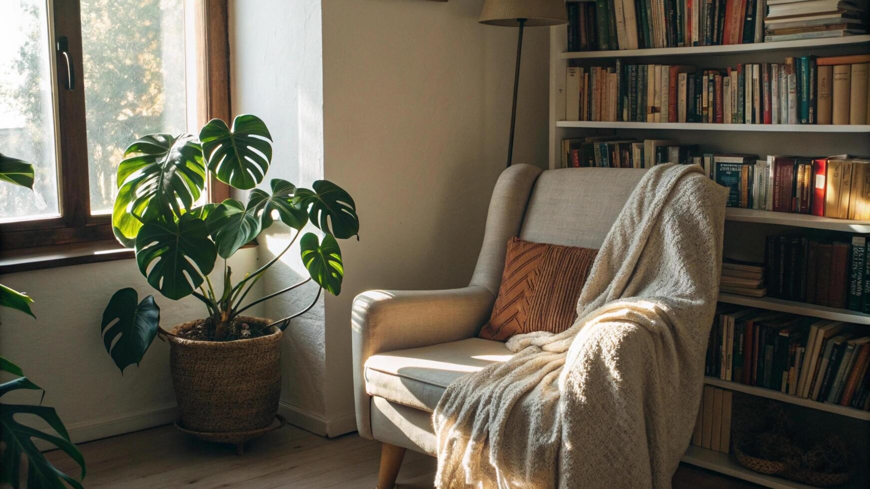 A chair and a book shelf in front of a window photo