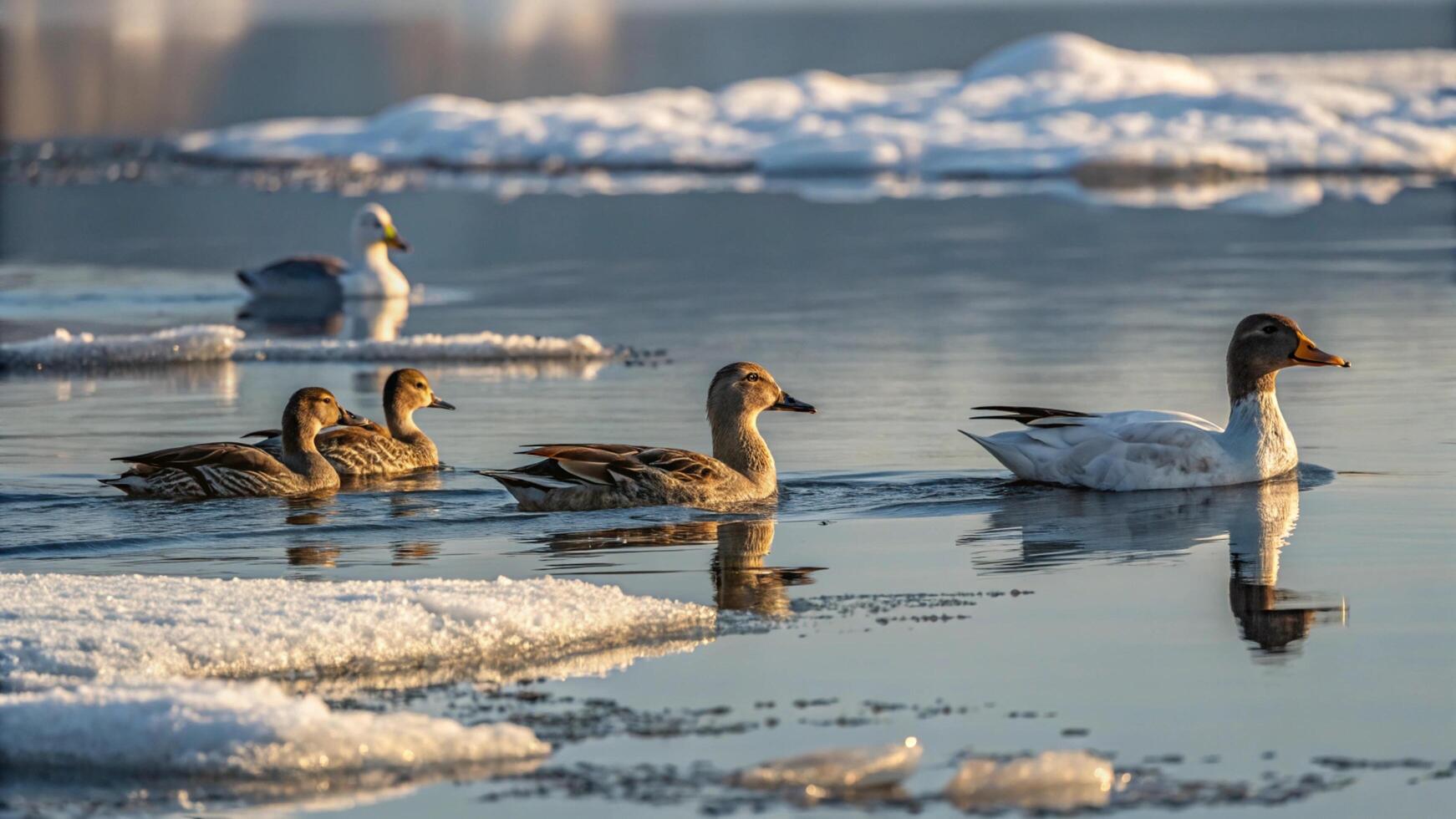 A group of ducks swimming on the ice photo