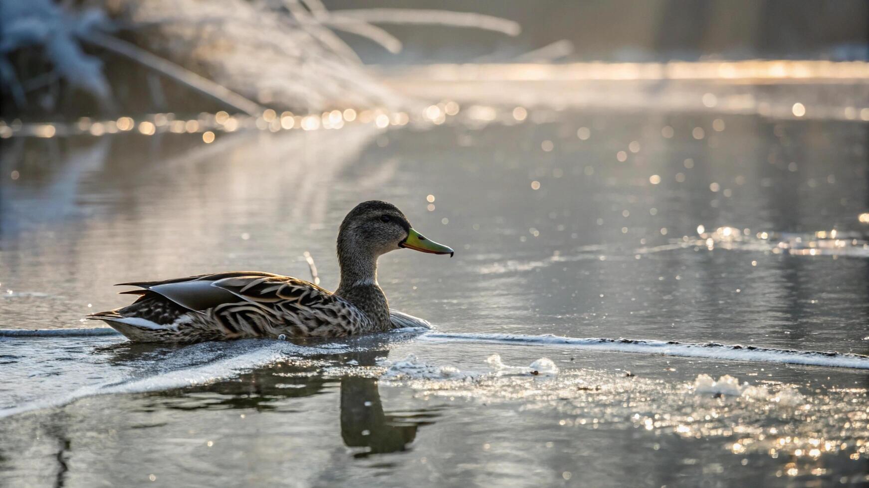 A duck is swimming in the water on a frozen lake photo