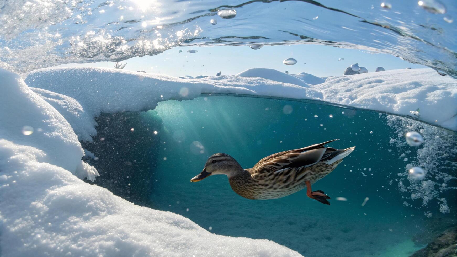 A duck swimming through the water under an ice wall photo