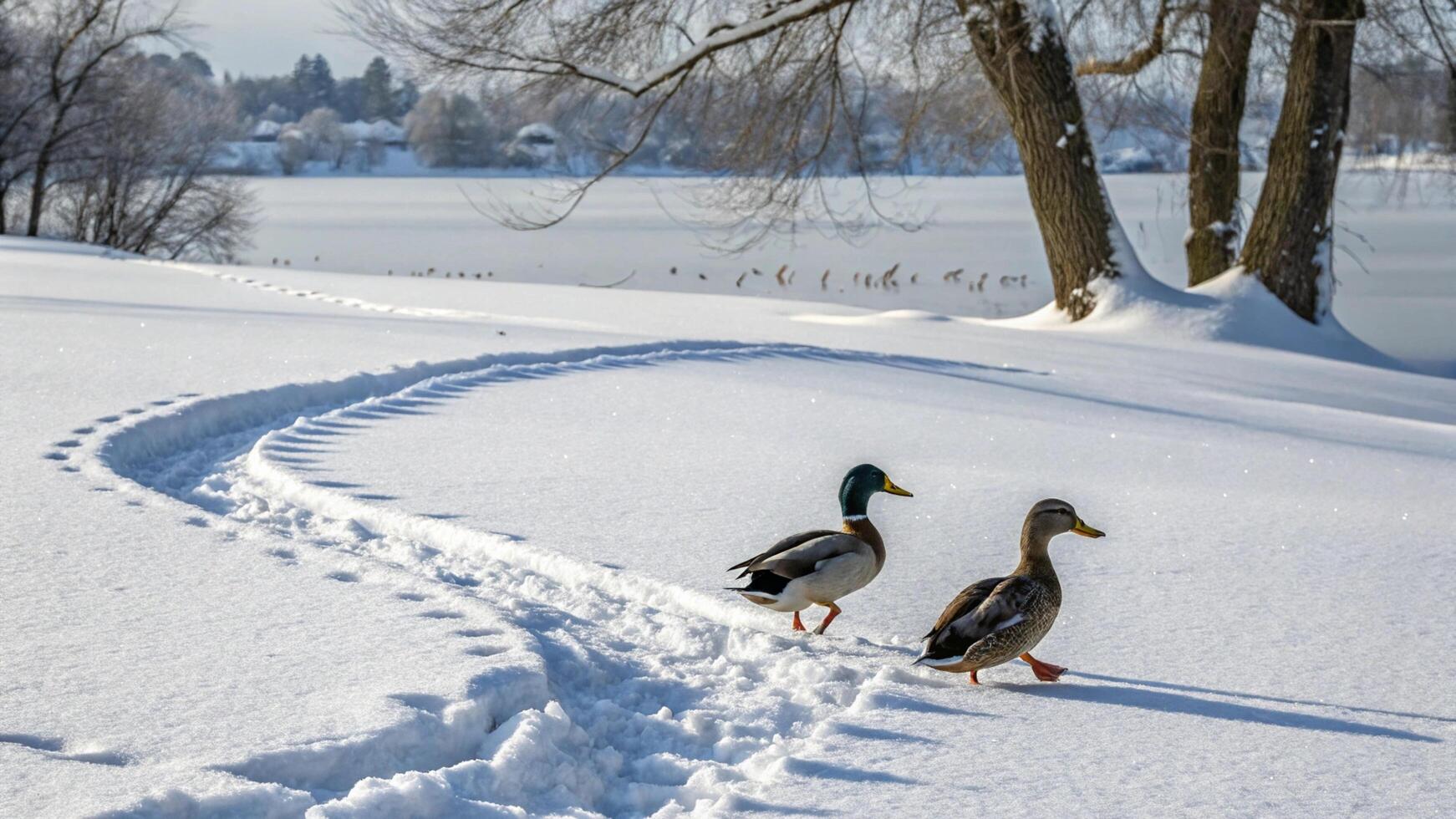 Two ducks walking in the snow near a lake photo