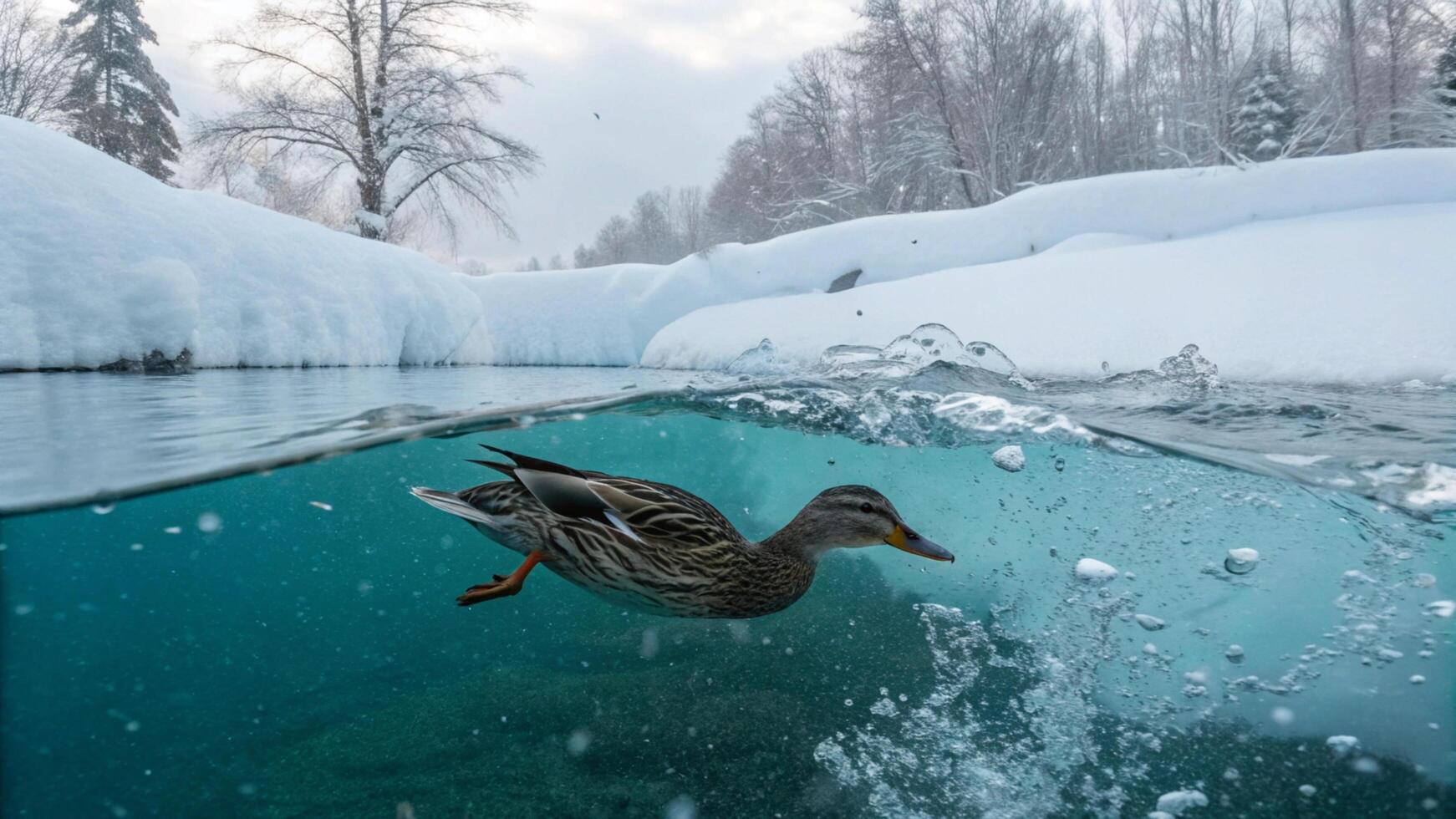 A duck swimming in the water near a frozen lake photo