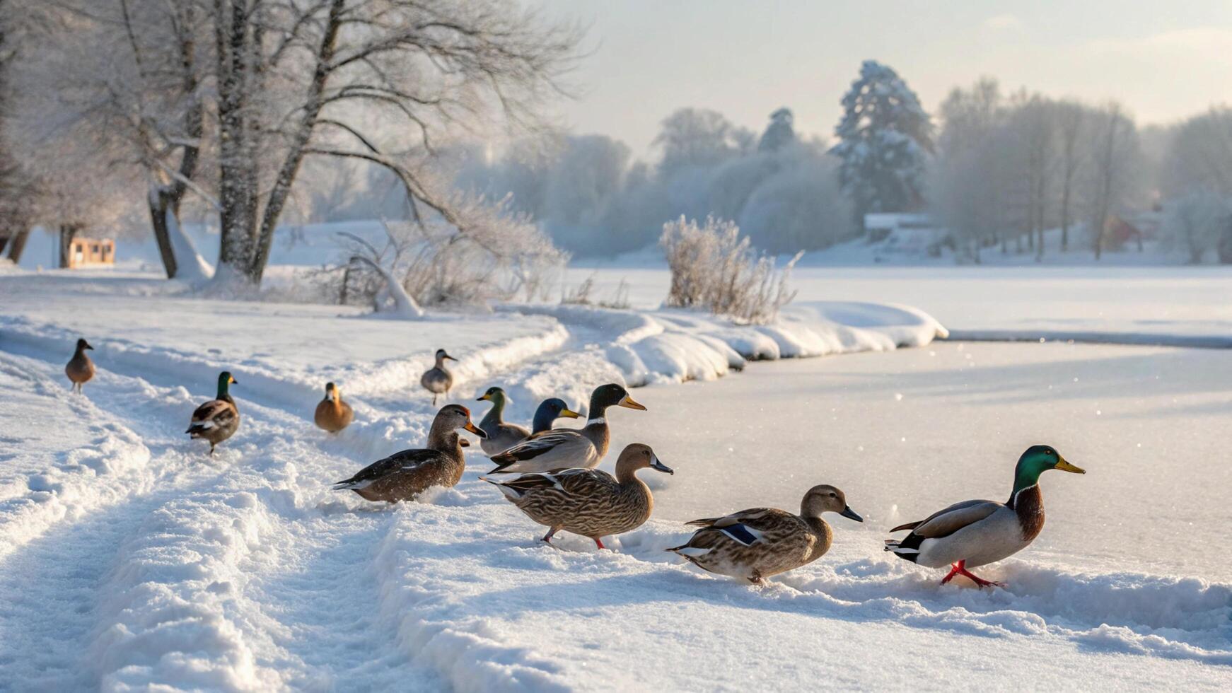 Ducks walking on the snow in winter photo