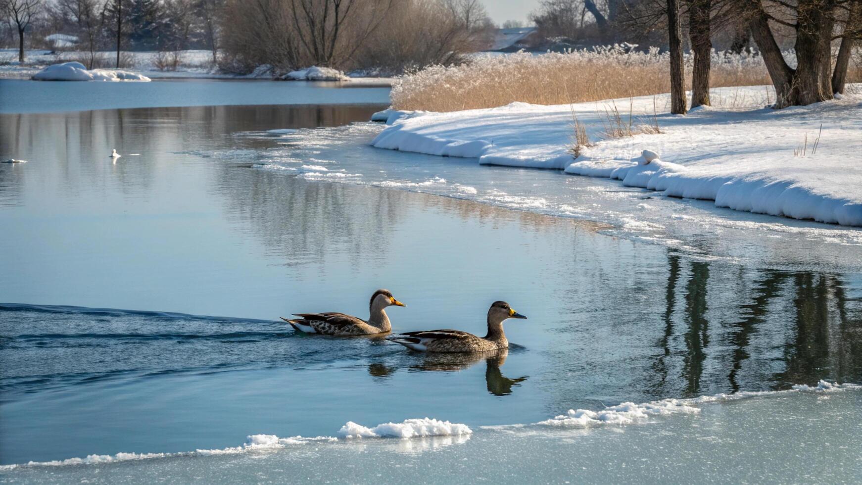 Two ducks swimming in a frozen lake photo