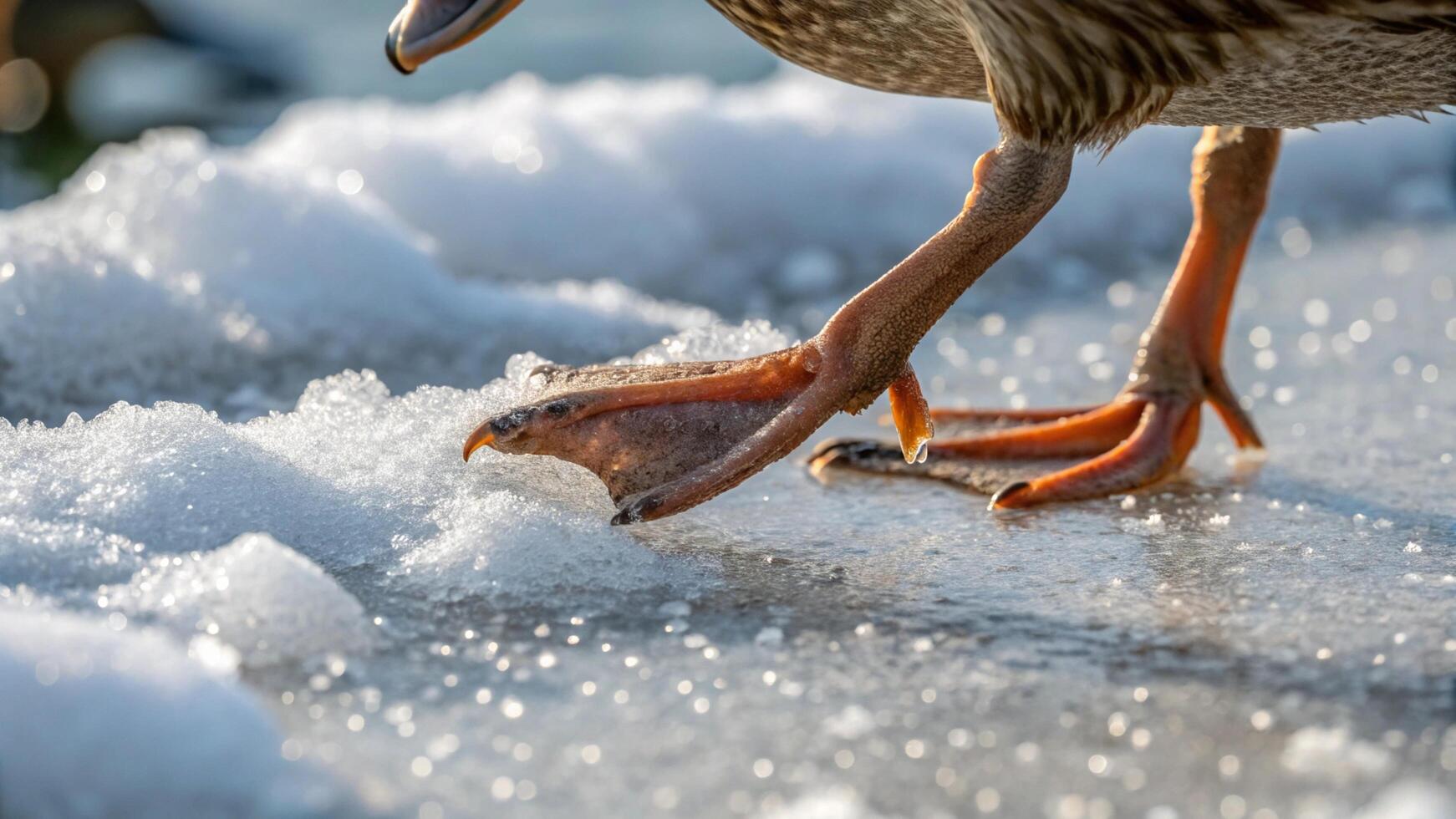 A duck walking on the ice with its feet in the snow photo