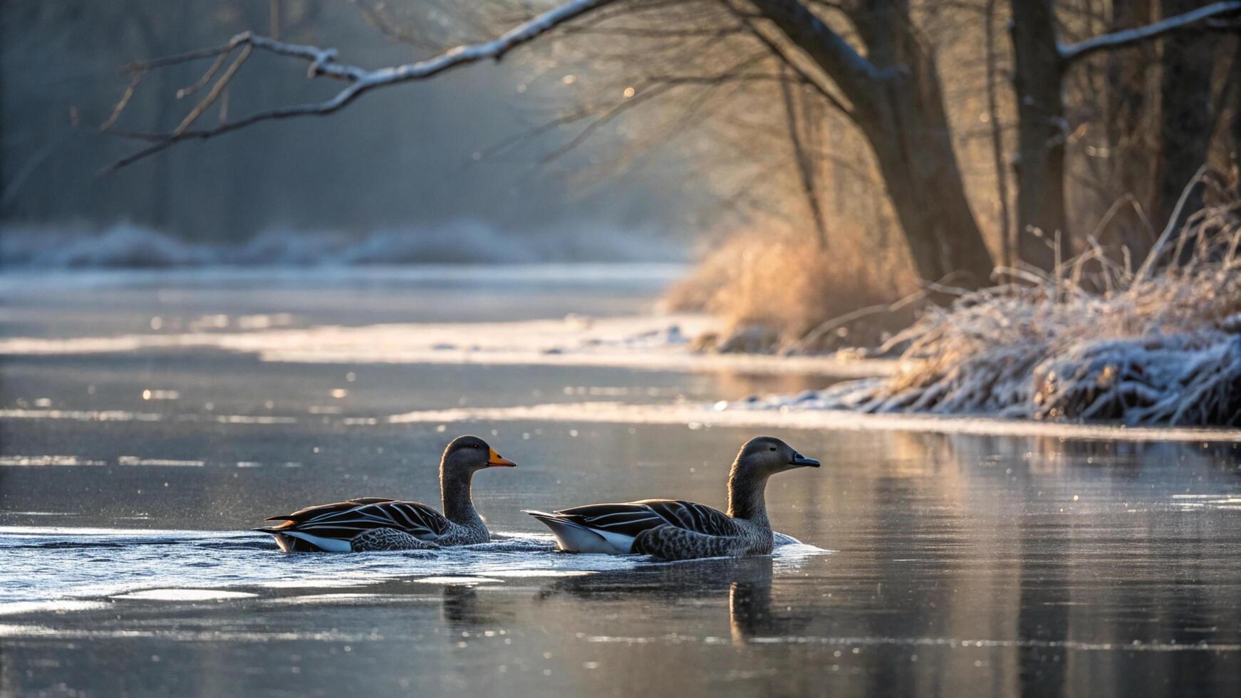 Two ducks swimming in a frozen river photo