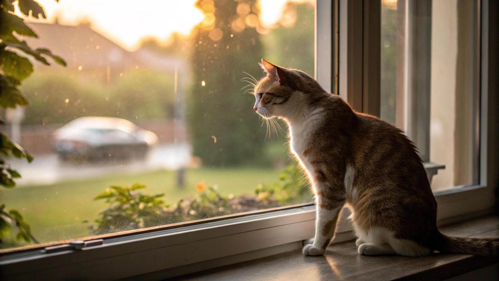 A cat sitting on a window sill looking out at the sun photo