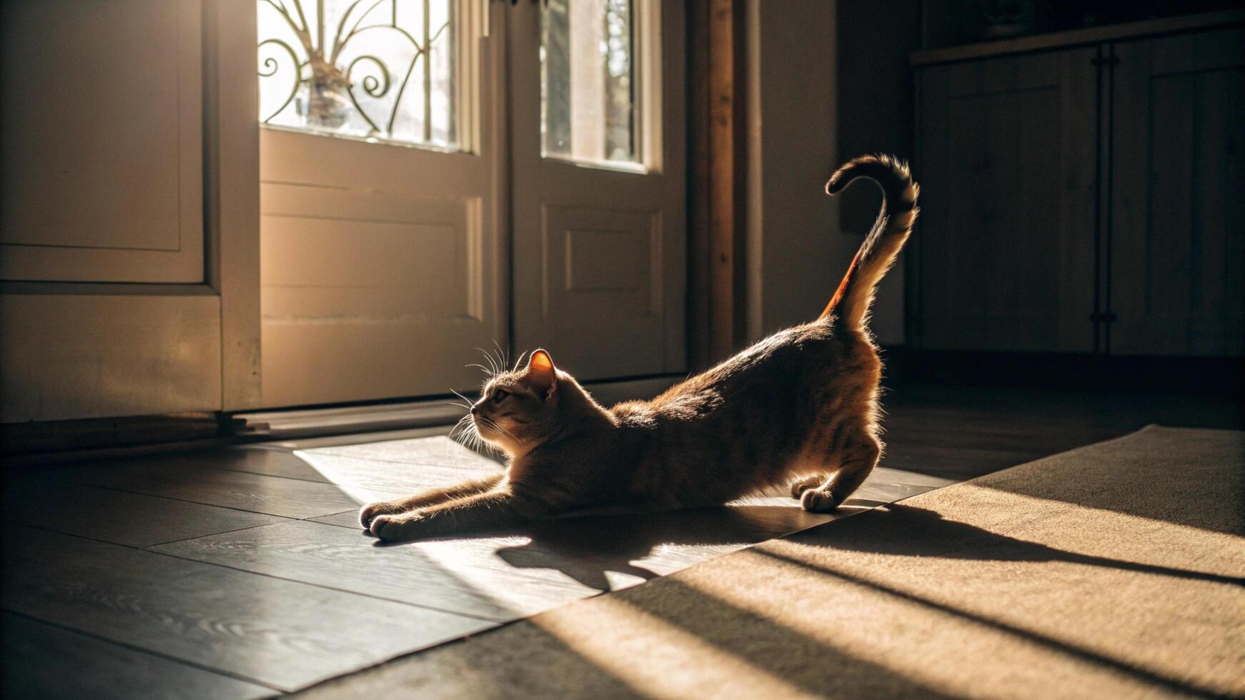 A cat sitting on the floor in front of a door photo