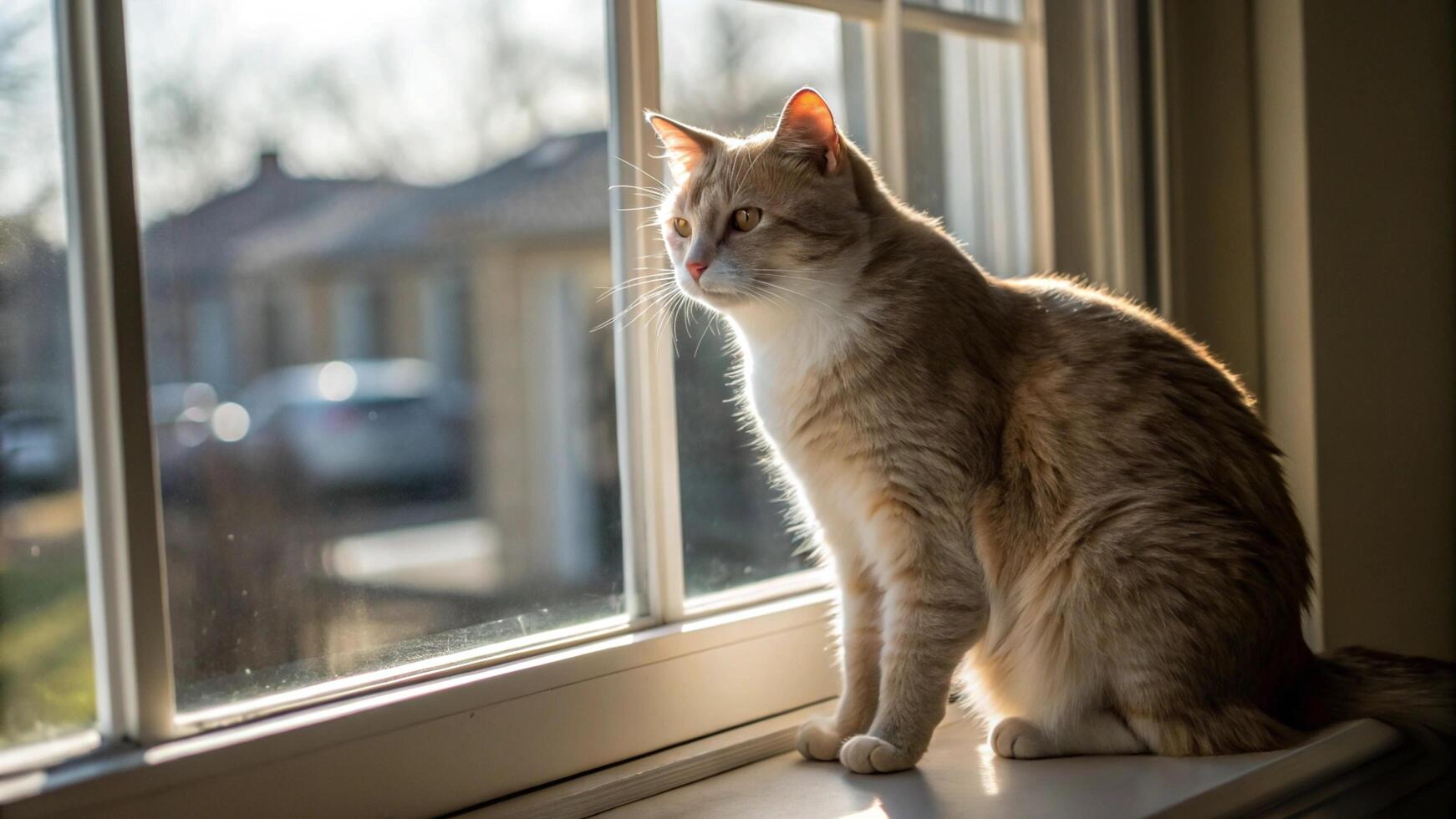 A cat sitting on a window sill looking out photo