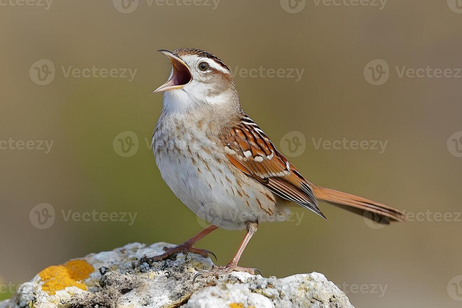 A small brown and white bird sings perched on a rock photo