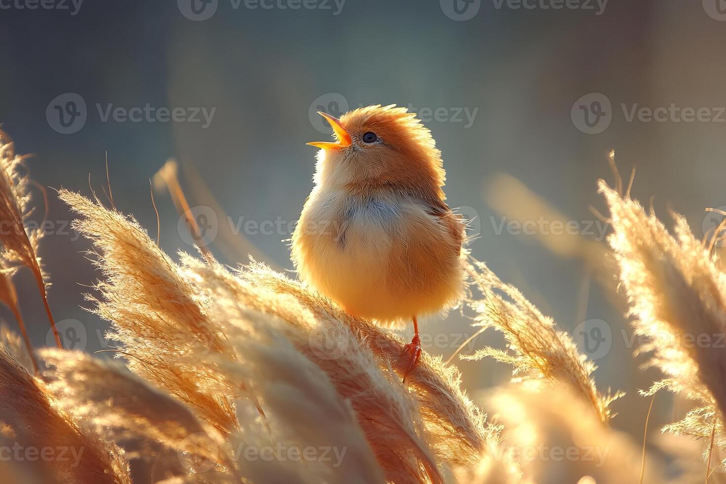 Golden bird sings among autumn grasses at dawn photo