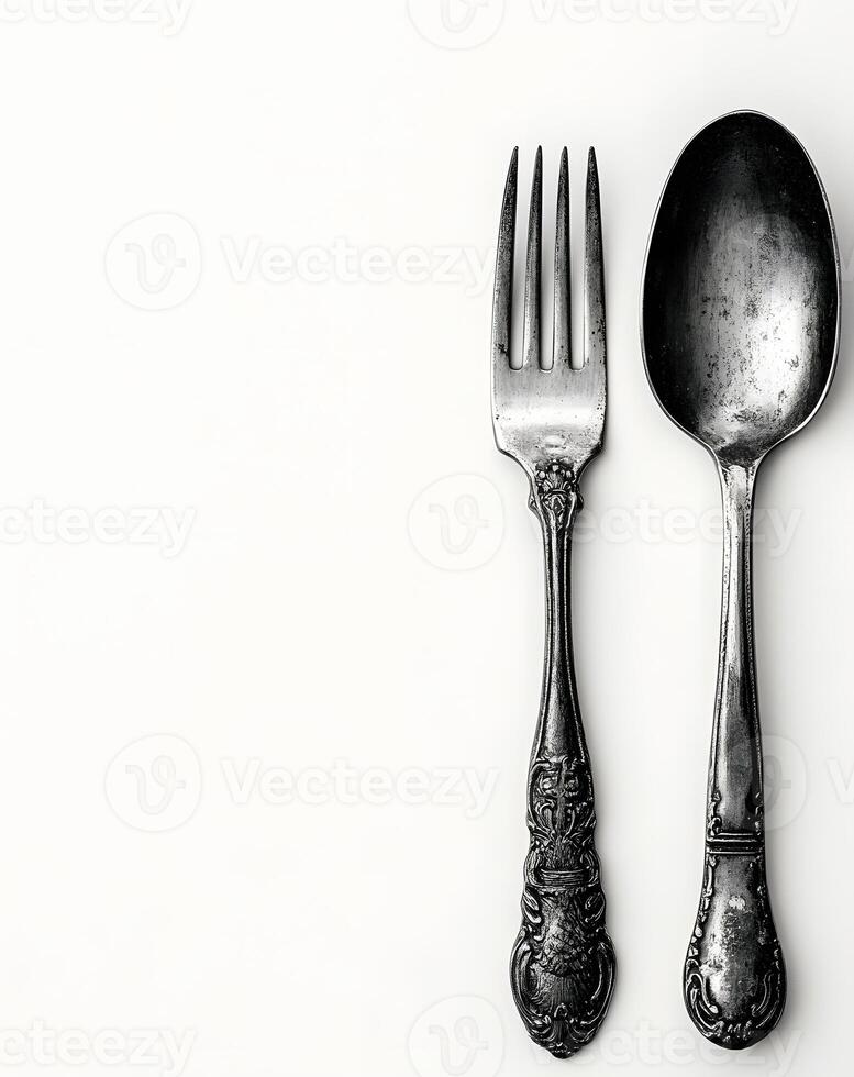 Antique Silver Fork And Spoon Set On White photo