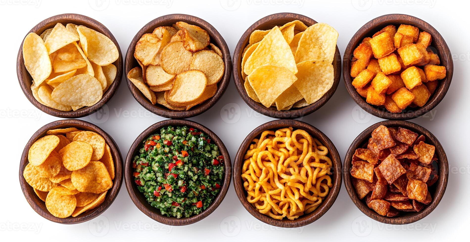 Assorted Crispy Snacks In Wooden Bowls Arranged Neatly photo