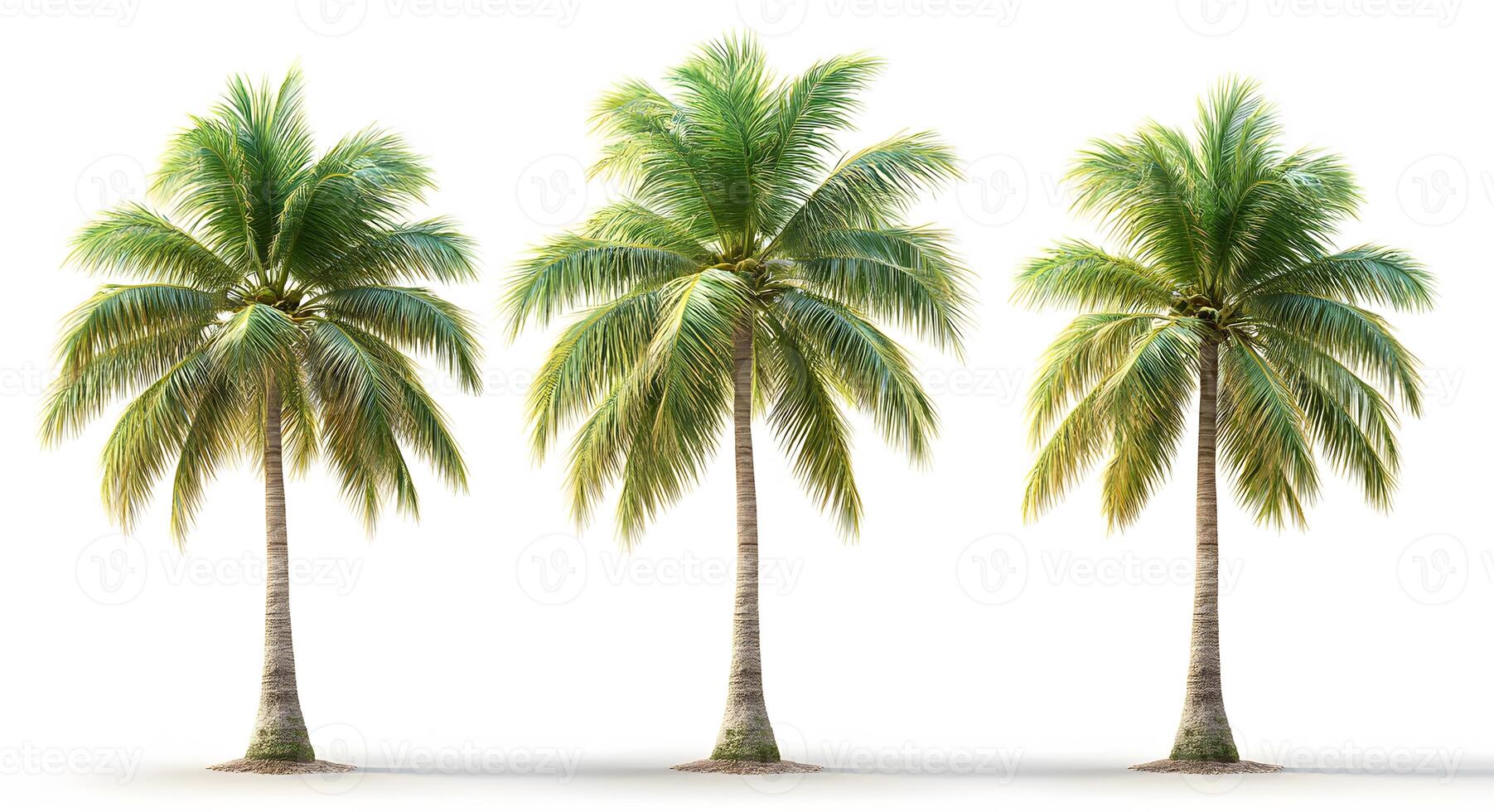 Three lush green coconut palm trees stand tall photo