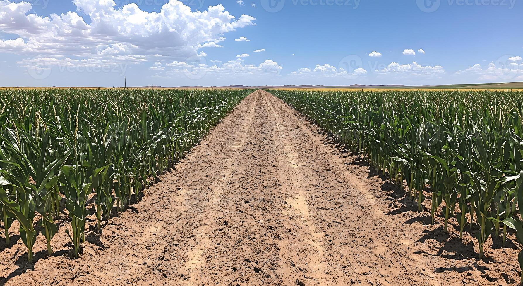 A dirt road divides rows of growing corn plants under a blue sky photo