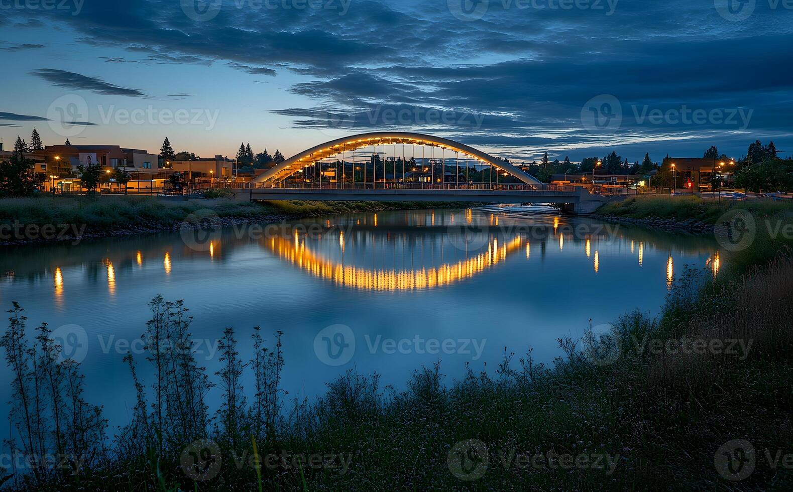 Illuminated Bridge Reflecting in Evening River Water photo