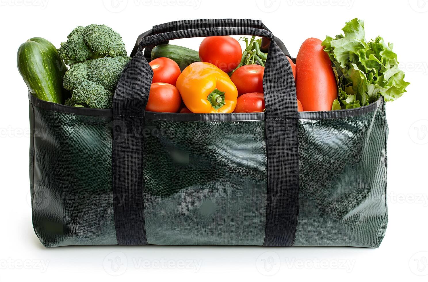 Green Bag Filled With Fresh Vegetables And Produce photo