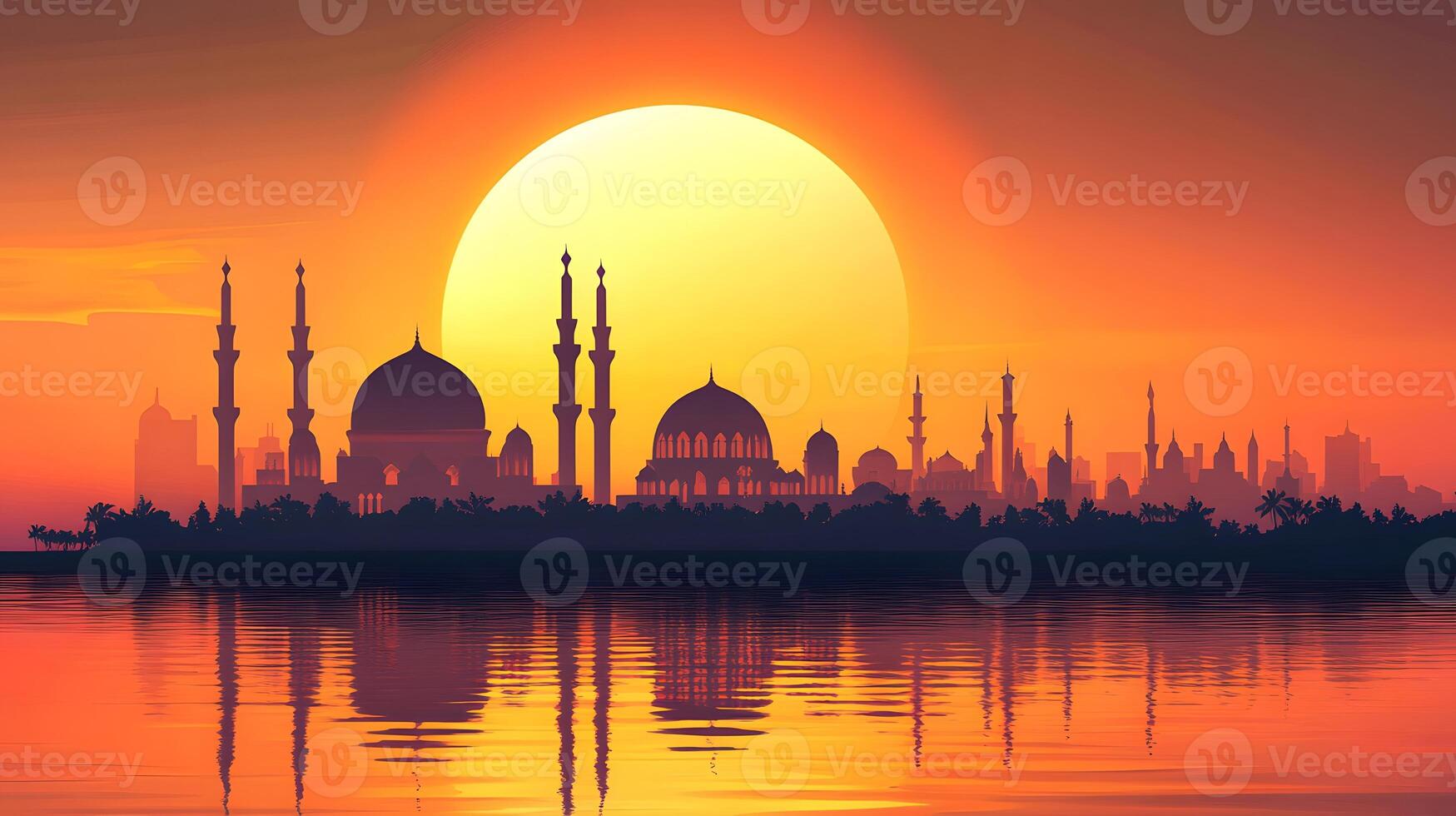 Sunset Silhouette of Mosques and Cityscape Over Water photo