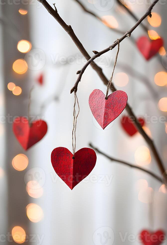 Red hearts hanging from branches with soft light bokeh photo