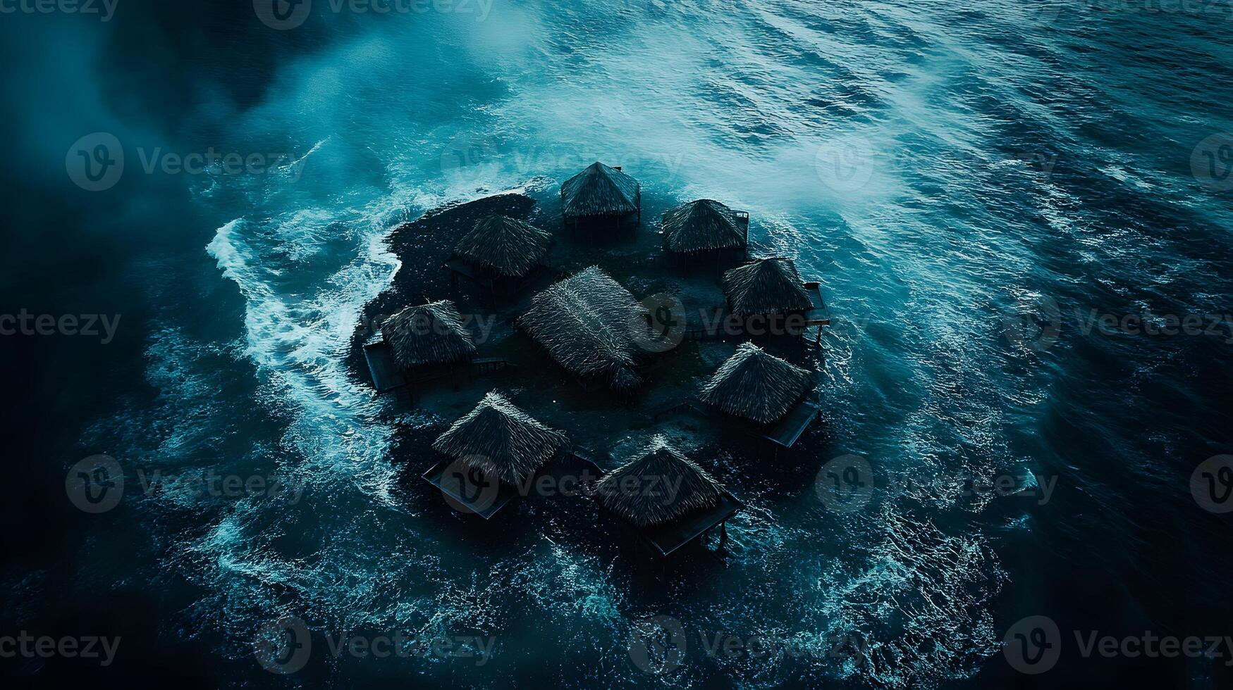 Island Village Houses Surrounded By Dark Ocean Water photo