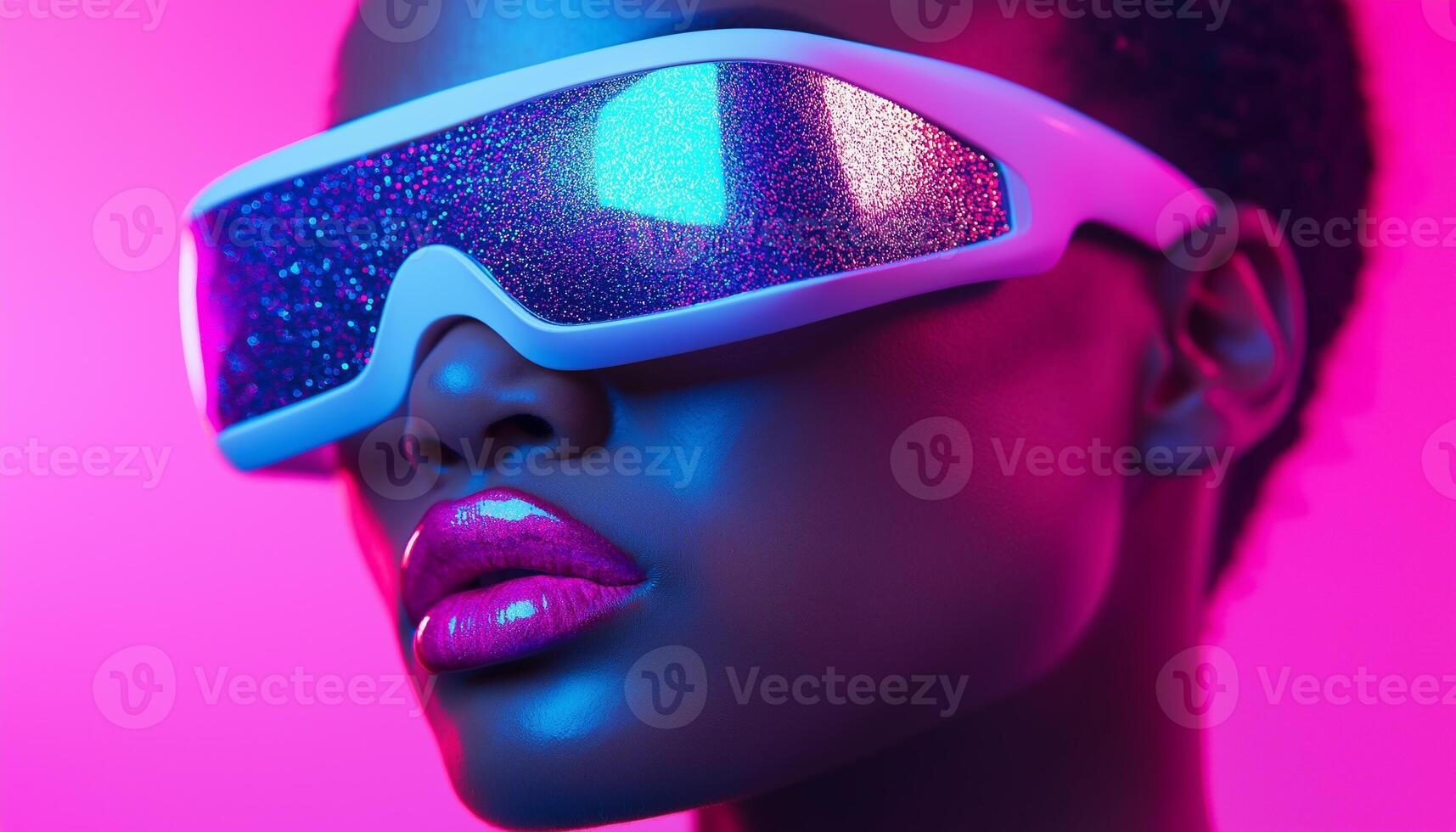 Afro american woman with pink glitter lips wearing modern glasses on a pink background, glam look, Y2k futuristic photo