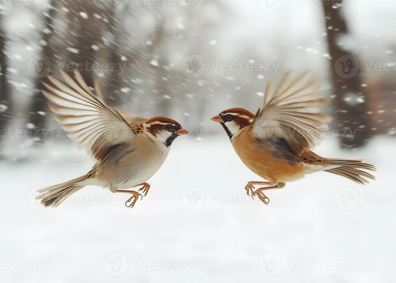 Two Sparrows in Flight During a Snowfall photo